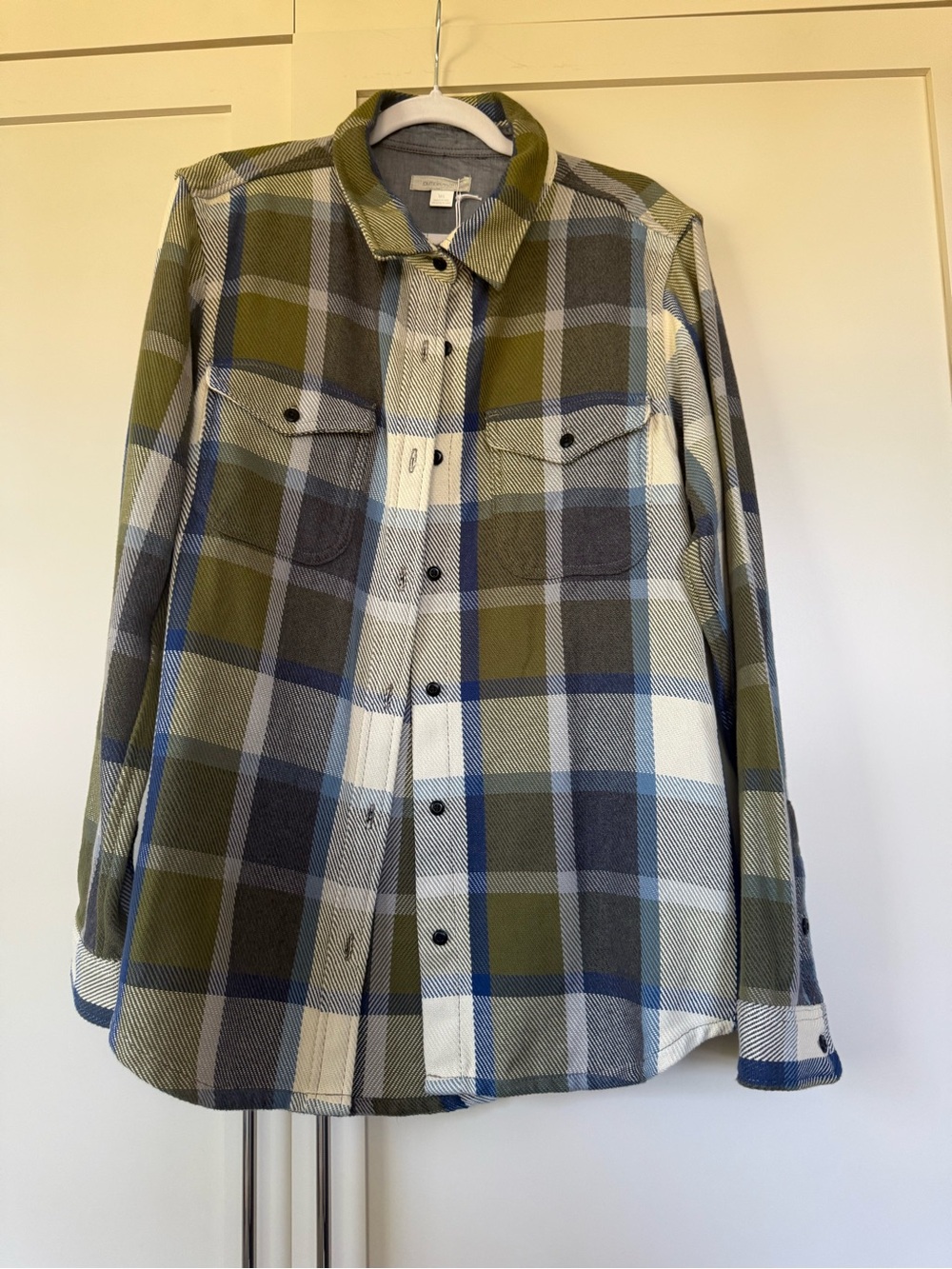 Outerknown Relaxed Blanket Shirt - Olive & Blue Plaid Button-Up Shirt Jacket M/L
